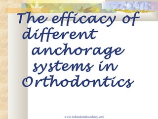 The efficacy of
different
anchorage
systems in
Orthodontics
www.indiandentalacademy.com
 