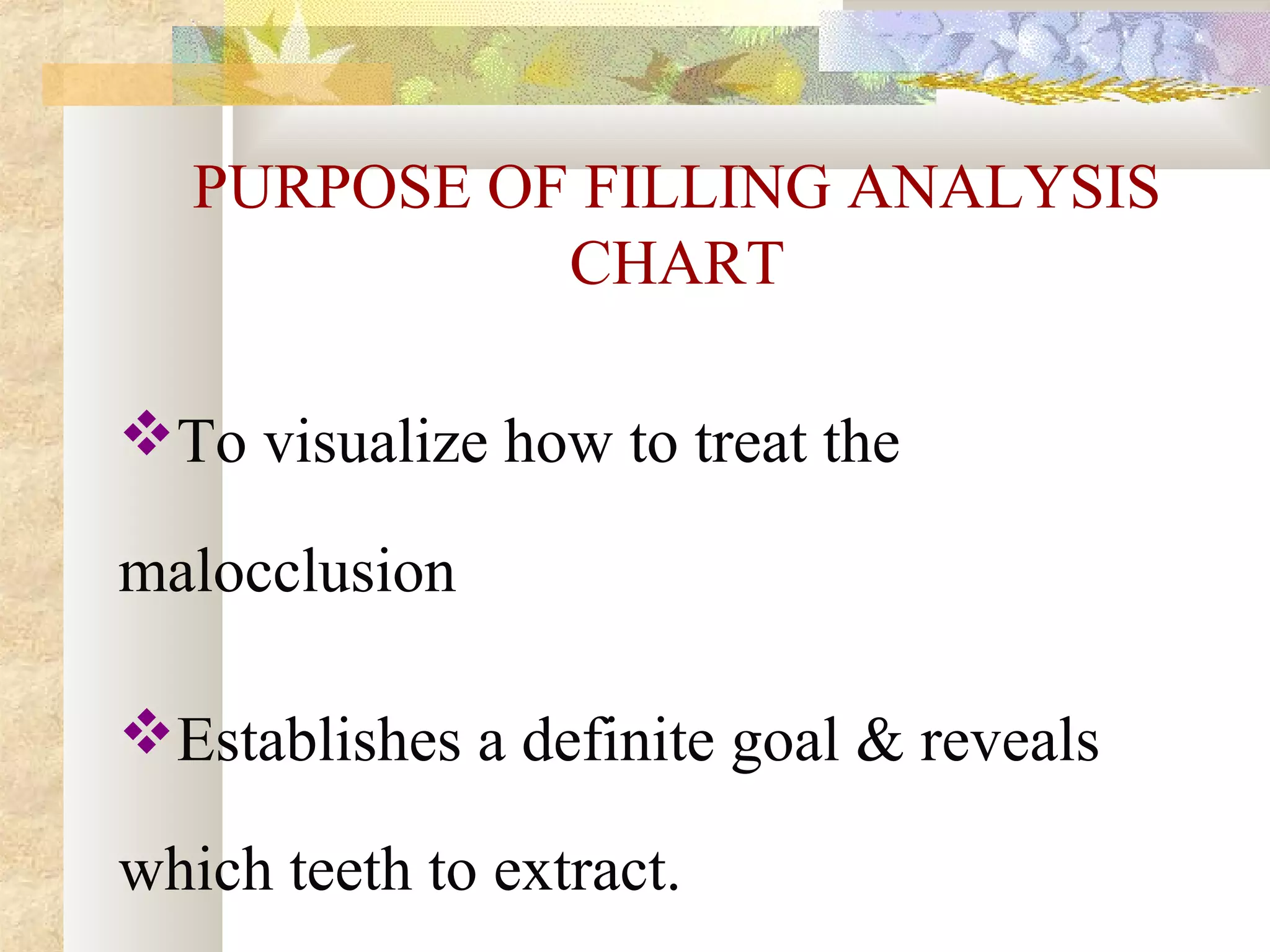 PURPOSE OF FILLING ANALYSIS
CHART
To visualize how to treat the
malocclusion
Establishes a definite goal & reveals
which teeth to extract.
 