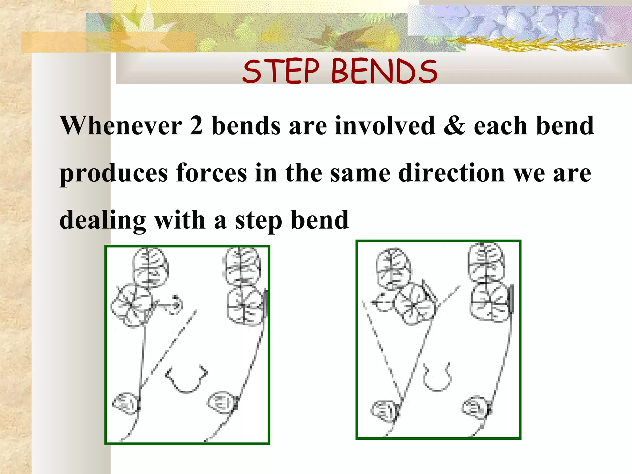 STEP BENDS
Whenever 2 bends are involved & each bend
produces forces in the same direction we are
dealing with a step bend
 