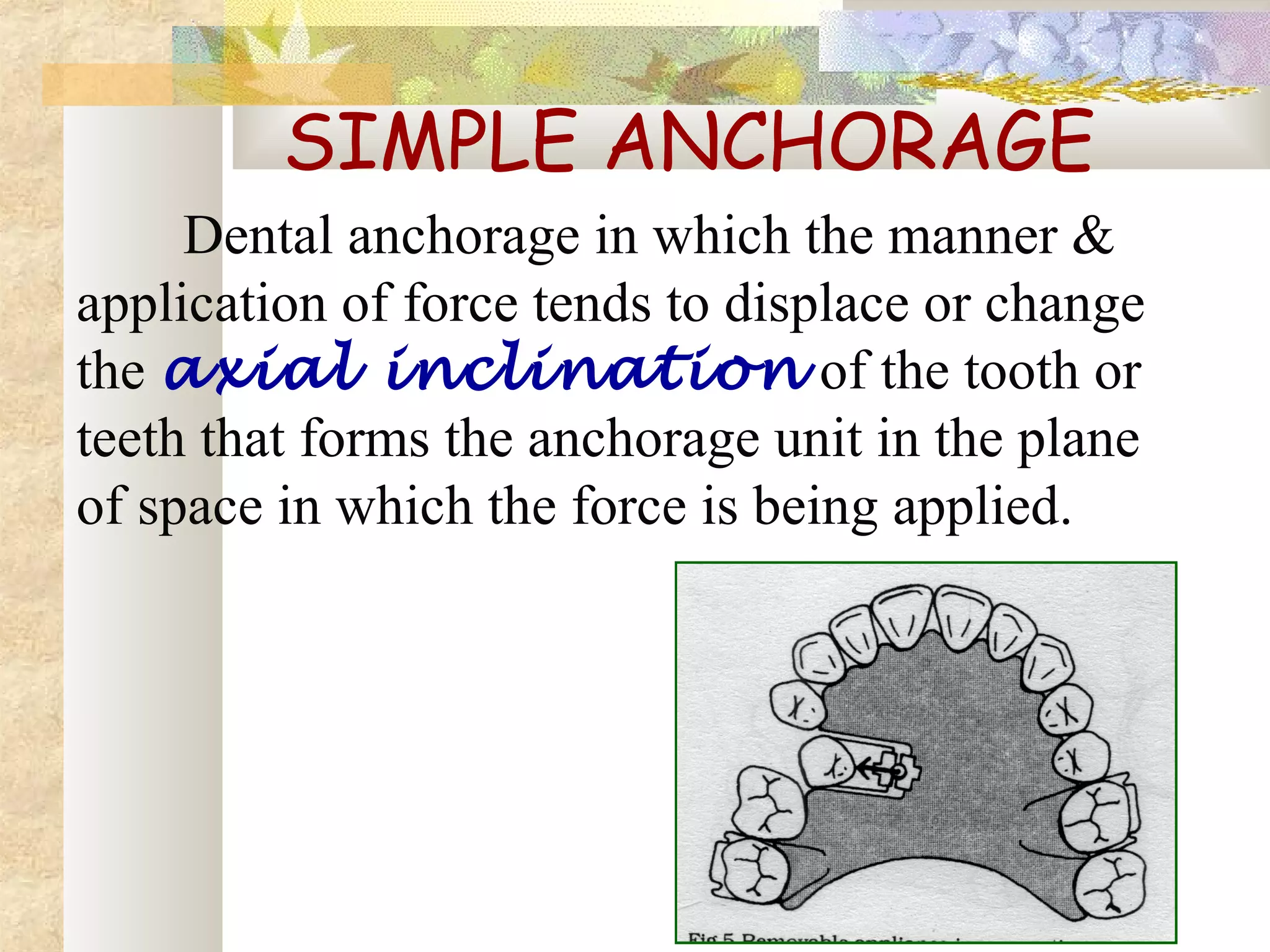 SIMPLE ANCHORAGE
Dental anchorage in which the manner &
application of force tends to displace or change
the axial inclination of the tooth or
teeth that forms the anchorage unit in the plane
of space in which the force is being applied.
 