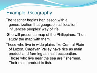 Example: Geography
The teacher begins her lesson with a
generalization that geographical location
influences peoples’ way ...