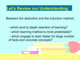 Between the deductive and the induction method,
- which tend to depth retention of learning?
- which learning method is mo...