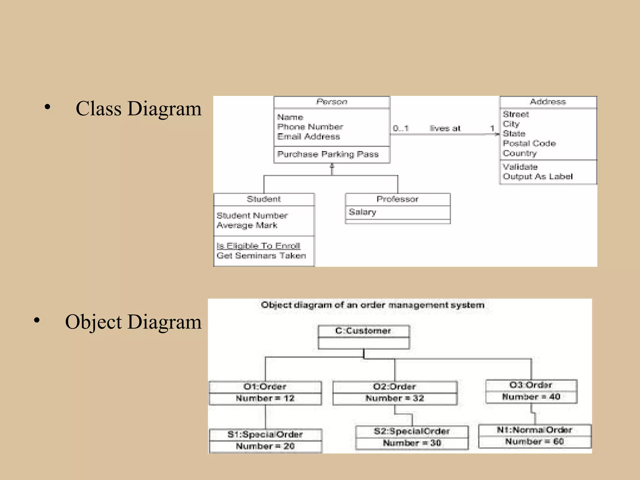 • Class Diagram
• Object Diagram
 