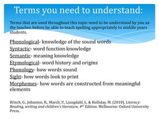 Terms that are used throughout this topic need to be understood by you as
the teacher, before be able to teach spelling appropriately to middle years
students.
Phonological- knowledge of the sound words
Syntactic- word function knowledge
Semantic- meaning knowledge
Etymological- word history and origins
Phonology- how words sound
Sight- how words look to print
Morphemes- how words are constructed from meaningful
elements
Winch, G., Johnston, R., March, P., Ljungdahl, L. & Holliday, M. (2010). Literacy:
Reading, writing and children’s literature, 4th Edition. Melbourne: Oxford University
Press.
Terms you need to understand:
 