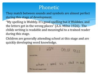 They match between sounds and symbols are almost perfect
during this stage of development.
“My spelling is Wobbly. It’s good spelling but it Wobbles, and
the letters get in the wrong places” (A.A. Milne 1926). The
childs writing is readable and meaningful to a trained reader
during this stage.
Children are generally attending school at this stage and are
quickly developing word knowledge.
Phonetic
 