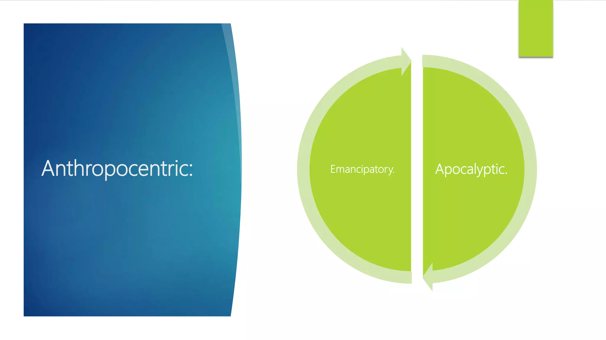 Anthropocentric: Apocalyptic.Emancipatory.
 