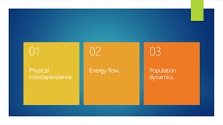 Physical
interdependence.
01
Energy flow.
02
Population
dynamics.
03
 