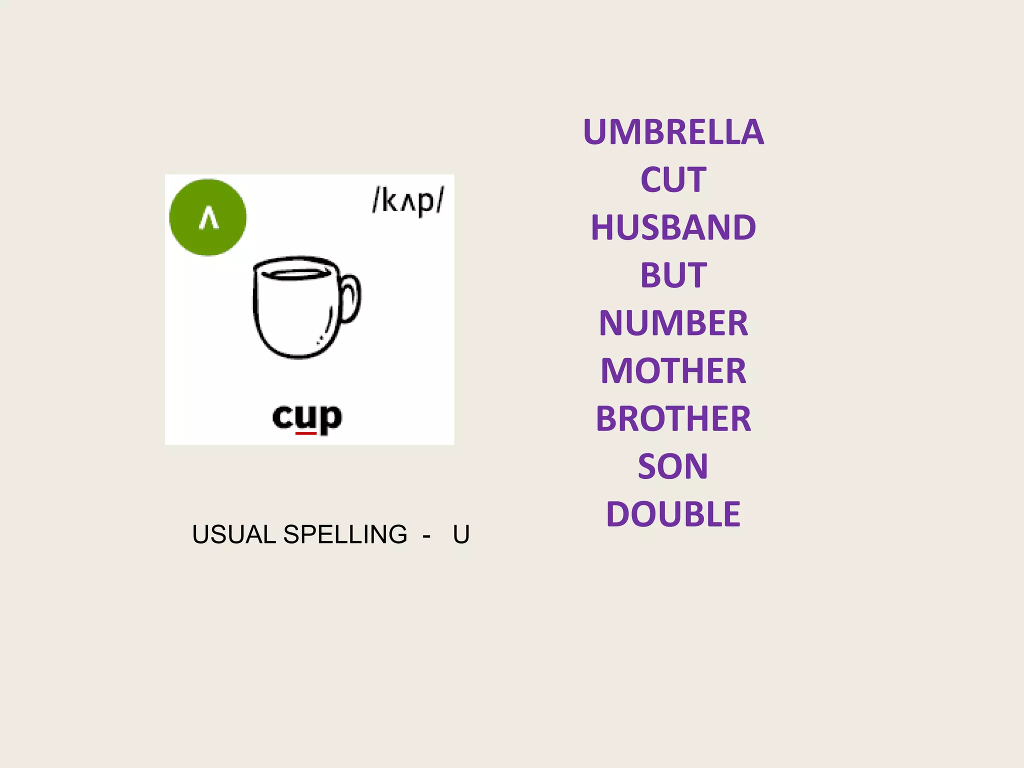 USUAL SPELLING - U
UMBRELLA
CUT
HUSBAND
BUT
NUMBER
MOTHER
BROTHER
SON
DOUBLE