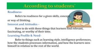 Readiness-
Refers to readiness for a given skills, concept,
or way of thinking.
Interest and Attitudes –
Have to do with those things that learners find relevant,
fascinating, or worthy of their time.
Learning Profile & Need-
Refer to things such as learning style, intelligence preferences,
how the students processes information, and how the learners sees
himself in relation to the rest of the world.
 