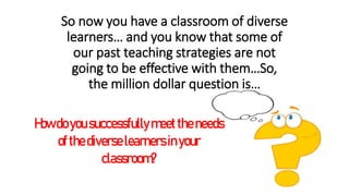 So now you have a classroom of diverse
learners… and you know that some of
our past teaching strategies are not
going to be effective with them…So,
the million dollar question is…
Howdoyousuccessfullymeettheneeds
ofthediverselearnersinyour
classroom?
 