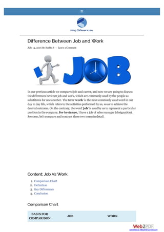 Difference Between Job and Work
July 14, 2016 By Surbhi S — Leave aComment
In our previous article we compared job and career, and now we are going to discuss
the differences between job and work, which are commonly used by the people as
substitutes for one another. The term ‘work‘ is the most commonly used word in our
day to day life, which refers to the activities performed by us, so as to achieve the
desired outcome. On the contrary, the word ‘job‘ is used by us to represent a particular
position in the company, for instance, I have a job of sales manager (designation).
So come, let’s compare and contrast these two terms in detail.
Content: Job Vs Work
1. Comparison Chart
2. Definition
3. Key Differences
4. Conclusion
Comparison Chart
BASIS FOR
COMPARISON
JOB WORK

converted by Web2PDFConvert.com
 