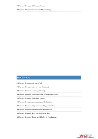 Difference Between Ethics and Values
Difference Between Guidance and Counseling
NEW ADDITIONS
Difference Between Job and Work
Difference Between Introvert and Extrovert
Difference Between Jealousy and Envy
Difference Between Arithmetic and Geometric Sequence
Difference Between Needs and Wants
Difference Between Assessment and Evaluation
Difference Between Progressive and Regressive Tax
Difference Between Covariance and Correlation
Difference Between MBA and Executive MBA
Difference Between Holder and Holder in Due Course
converted by Web2PDFConvert.com
 