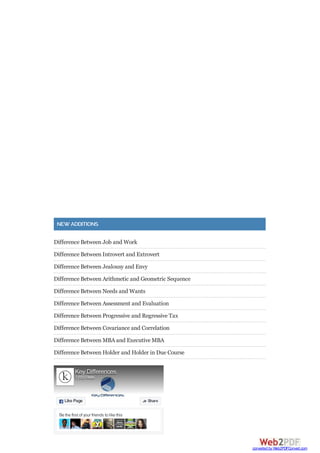 NEW ADDITIONS
Difference Between Job and Work
Difference Between Introvert and Extrovert
Difference Between Jealousy and Envy
Difference Between Arithmetic and Geometric Sequence
Difference Between Needs and Wants
Difference Between Assessment and Evaluation
Difference Between Progressive and Regressive Tax
Difference Between Covariance and Correlation
Difference Between MBA and Executive MBA
Difference Between Holder and Holder in Due Course
Be the first of your friends to like this
Key Differences
1,655 likes
Like Page Share
converted by Web2PDFConvert.com
 