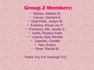 Group 2 Members:
• Ibañez, Gieleen M.
• Caruso, Genesis E.
• Dela Peña, Jenilyn M.
• Enterina, Krizza Joy P.
• Francisco, Ma. Janele G.
• Inofre, Roselyn Faith
• Lizarda, Kate Winslet
• Llamado, Camille
• Neo, Evelyn
• Omar, Rachel B.
Thank You For Viewing!! 

 