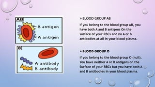 BLOOD GROUP AB
If you belong to the blood group AB, you
have both A and B antigens On the
surface of your RBCs and no A or B
antibodies at all in your blood plasma.
BLOOD GROUP O
If you belong to the blood group O (null),
You have neither A or B antigens on the
Surface of your RBCs but you have both A
and B antibodies in your blood plasma.
 