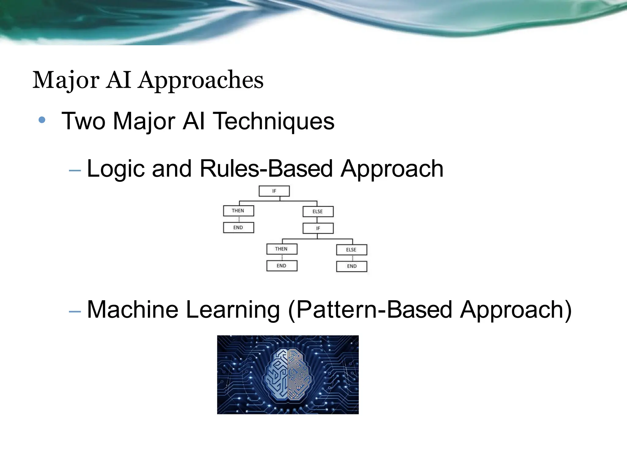 Major AI Approaches
• Two Major AI Techniques
– Logic and Rules-Based Approach
– Machine Learning (Pattern-Based Approach)
 