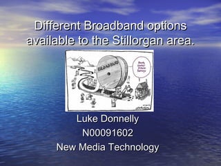 Different Broadband options
available to the Stillorgan area.




        Luke Donnelly
         N00091602
     New Media Technology
 