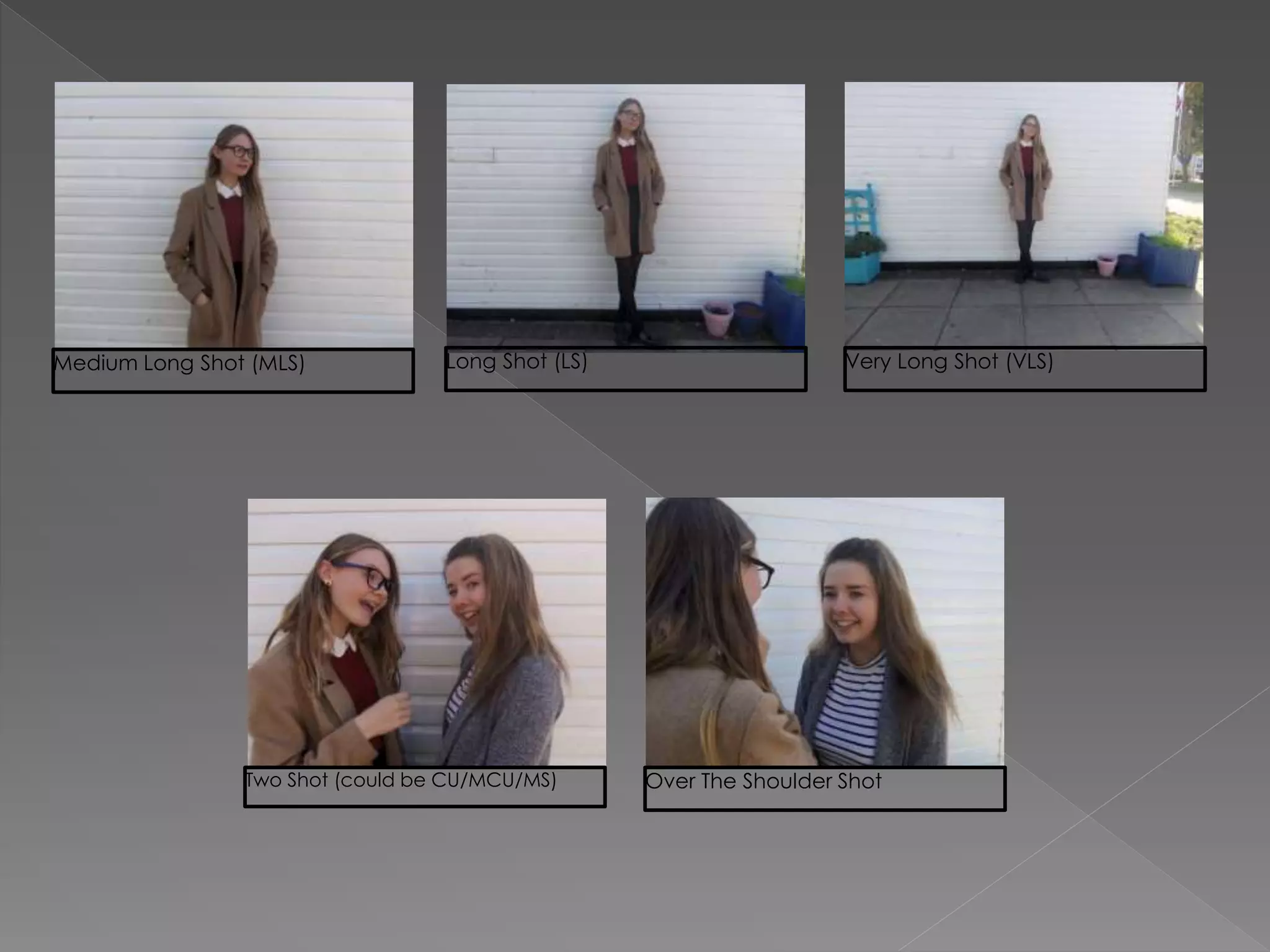 Very Long Shot (VLS)
Two Shot (could be CU/MCU/MS) Over The Shoulder Shot
Medium Long Shot (MLS) Long Shot (LS)
 