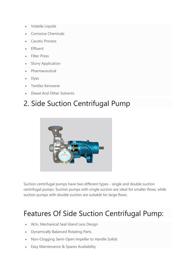 Different Centrifugal Pump Types and Their Applications | PDF
