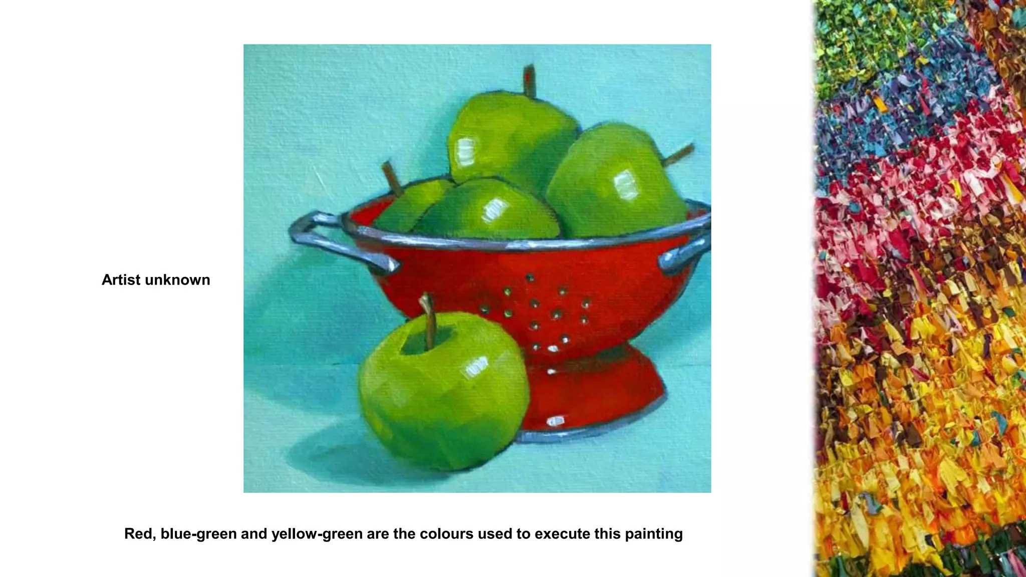 Red, blue-green and yellow-green are the colours used to execute this painting
Artist unknown
 
