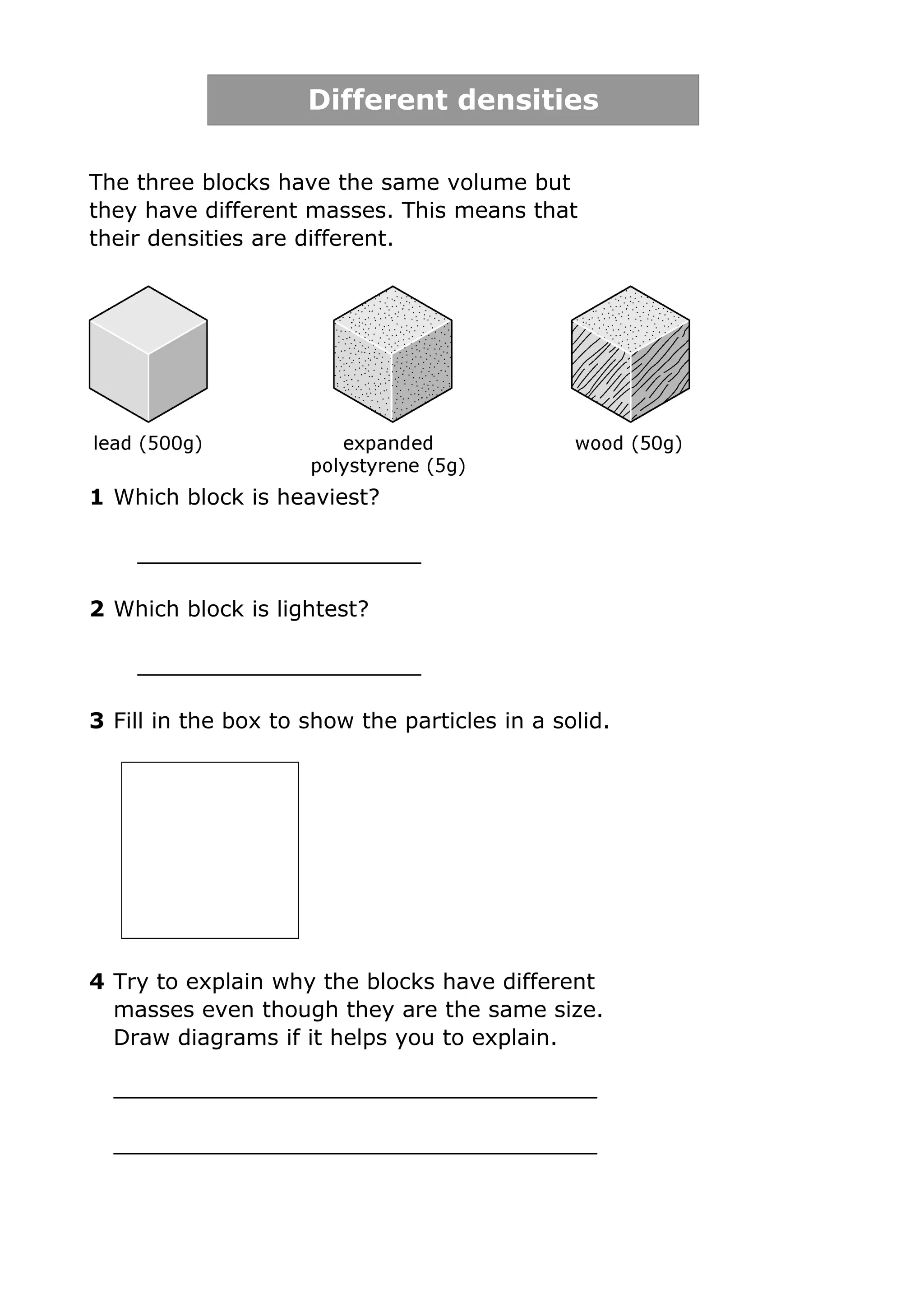 Different densities
The three blocks have the same volume but
they have different masses. This means that
their densities are different.
1 Which block is heaviest?
_____________________
2 Which block is lightest?
_____________________
3 Fill in the box to show the particles in a solid.
4 Try to explain why the blocks have different
masses even though they are the same size.
Draw diagrams if it helps you to explain.
___________________________________
___________________________________
