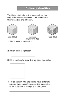 Different densities

The three blocks have the same volume but
they have different masses. This means that
their densities are different.




1 Which block is heaviest?

    _____________________

2 Which block is lightest?

    _____________________

3 Fill in the box to show the particles in a solid.




4 Try to explain why the blocks have different
  masses even though they are the same size.
  Draw diagrams if it helps you to explain.

  ___________________________________

  ___________________________________
 