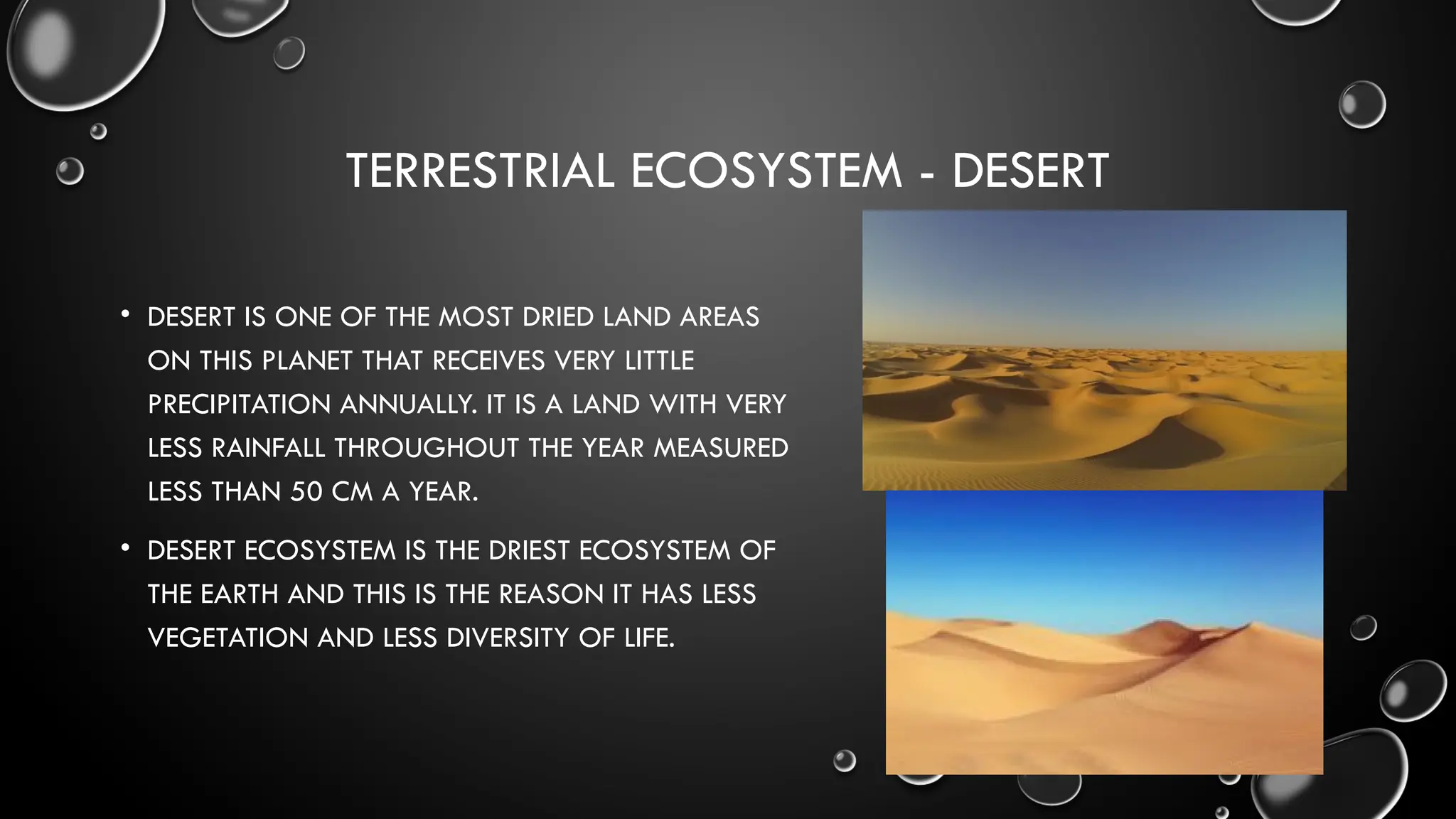 TERRESTRIAL ECOSYSTEM - DESERT
• DESERT IS ONE OF THE MOST DRIED LAND AREAS
ON THIS PLANET THAT RECEIVES VERY LITTLE
PRECIPITATION ANNUALLY. IT IS A LAND WITH VERY
LESS RAINFALL THROUGHOUT THE YEAR MEASURED
LESS THAN 50 CM A YEAR.
• DESERT ECOSYSTEM IS THE DRIEST ECOSYSTEM OF
THE EARTH AND THIS IS THE REASON IT HAS LESS
VEGETATION AND LESS DIVERSITY OF LIFE.
 