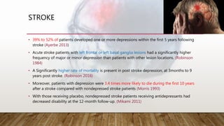 STROKE
• 39% to 52% of patients developed one or more depressions within the first 5 years following
stroke (Ayerbe 2013)
• Acute stroke patients with left frontal or left basal ganglia lesions had a significantly higher
frequency of major or minor depression than patients with other lesion locations. (Robinson
1984)
• A Significantly higher rate of mortality is present in post stroke depression, at 3months to 9
years post stroke. (Robinson 2016)
• Moreover, patients with depression were 3.4 times more likely to die during the first 10 years
after a stroke compared with nondepressed stroke patients (Morris 1993)
• With those receiving placebo, nondepressed stroke patients receiving antidepressants had
decreased disability at the 12-month follow-up. (Mikami 2011)
 