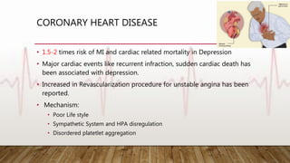 CORONARY HEART DISEASE
• 1.5-2 times risk of MI and cardiac related mortality in Depression
• Major cardiac events like recurrent infraction, sudden cardiac death has
been associated with depression.
• Increased in Revascularization procedure for unstable angina has been
reported.
• Mechanism:
• Poor Life style
• Sympathetic System and HPA disregulation
• Disordered platetlet aggregation
 