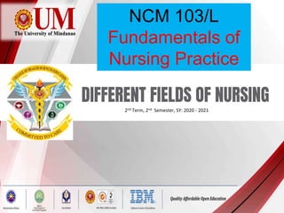 NCM 103/L
Fundamentals of
Nursing Practice
2nd Term, 2nd Semester, SY: 2020 - 2021
DIFFERENT FIELDS OF NURSING
 