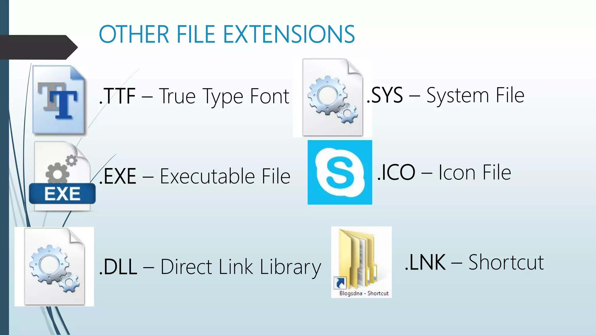 OTHER FILE EXTENSIONS
.TTF – True Type Font
.EXE – Executable File
.DLL – Direct Link Library
.SYS – System File
.ICO – Icon File
.LNK – Shortcut
 