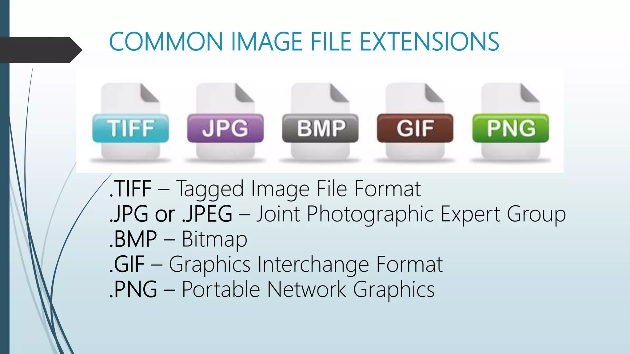 COMMON IMAGE FILE EXTENSIONS
.TIFF – Tagged Image File Format
.JPG or .JPEG – Joint Photographic Expert Group
.BMP – Bitmap
.GIF – Graphics Interchange Format
.PNG – Portable Network Graphics
 