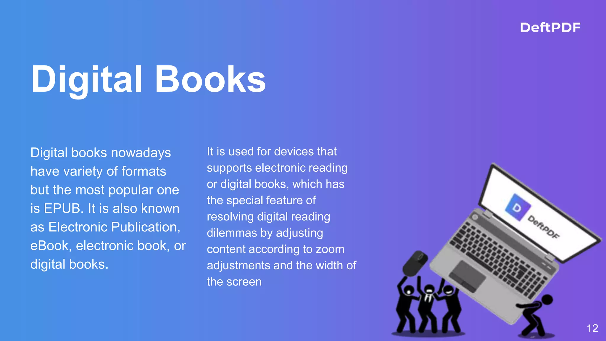 Digital Books
Digital books nowadays
have variety of formats
but the most popular one
is EPUB. It is also known
as Electronic Publication,
eBook, electronic book, or
digital books.
It is used for devices that
supports electronic reading
or digital books, which has
the special feature of
resolving digital reading
dilemmas by adjusting
content according to zoom
adjustments and the width of
the screen
12
 