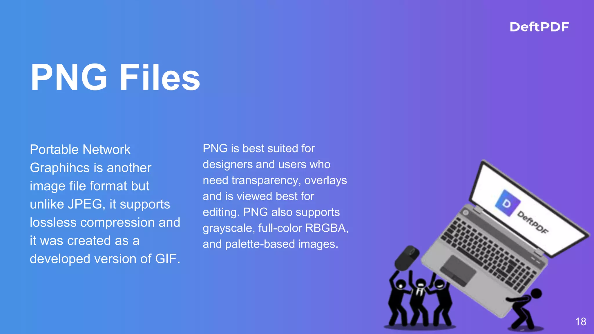 PNG Files
Portable Network
Graphihcs is another
image file format but
unlike JPEG, it supports
lossless compression and
it was created as a
developed version of GIF.
PNG is best suited for
designers and users who
need transparency, overlays
and is viewed best for
editing. PNG also supports
grayscale, full-color RBGBA,
and palette-based images.
18
 