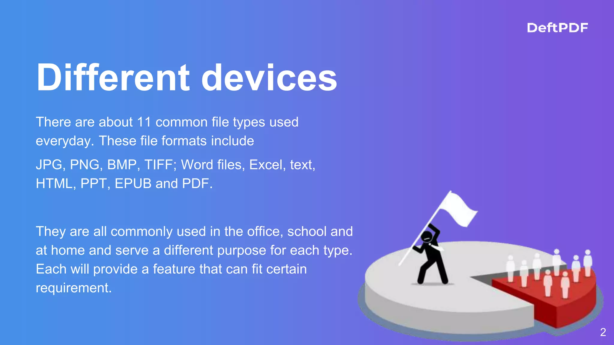 2
Different devices
There are about 11 common file types used
everyday. These file formats include
JPG, PNG, BMP, TIFF; Word files, Excel, text,
HTML, PPT, EPUB and PDF.
They are all commonly used in the office, school and
at home and serve a different purpose for each type.
Each will provide a feature that can fit certain
requirement.
 