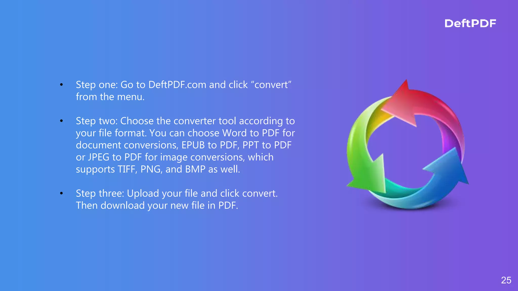 25
• Step one: Go to DeftPDF.com and click “convert”
from the menu.
• Step two: Choose the converter tool according to
your file format. You can choose Word to PDF for
document conversions, EPUB to PDF, PPT to PDF
or JPEG to PDF for image conversions, which
supports TIFF, PNG, and BMP as well.
• Step three: Upload your file and click convert.
Then download your new file in PDF.
 