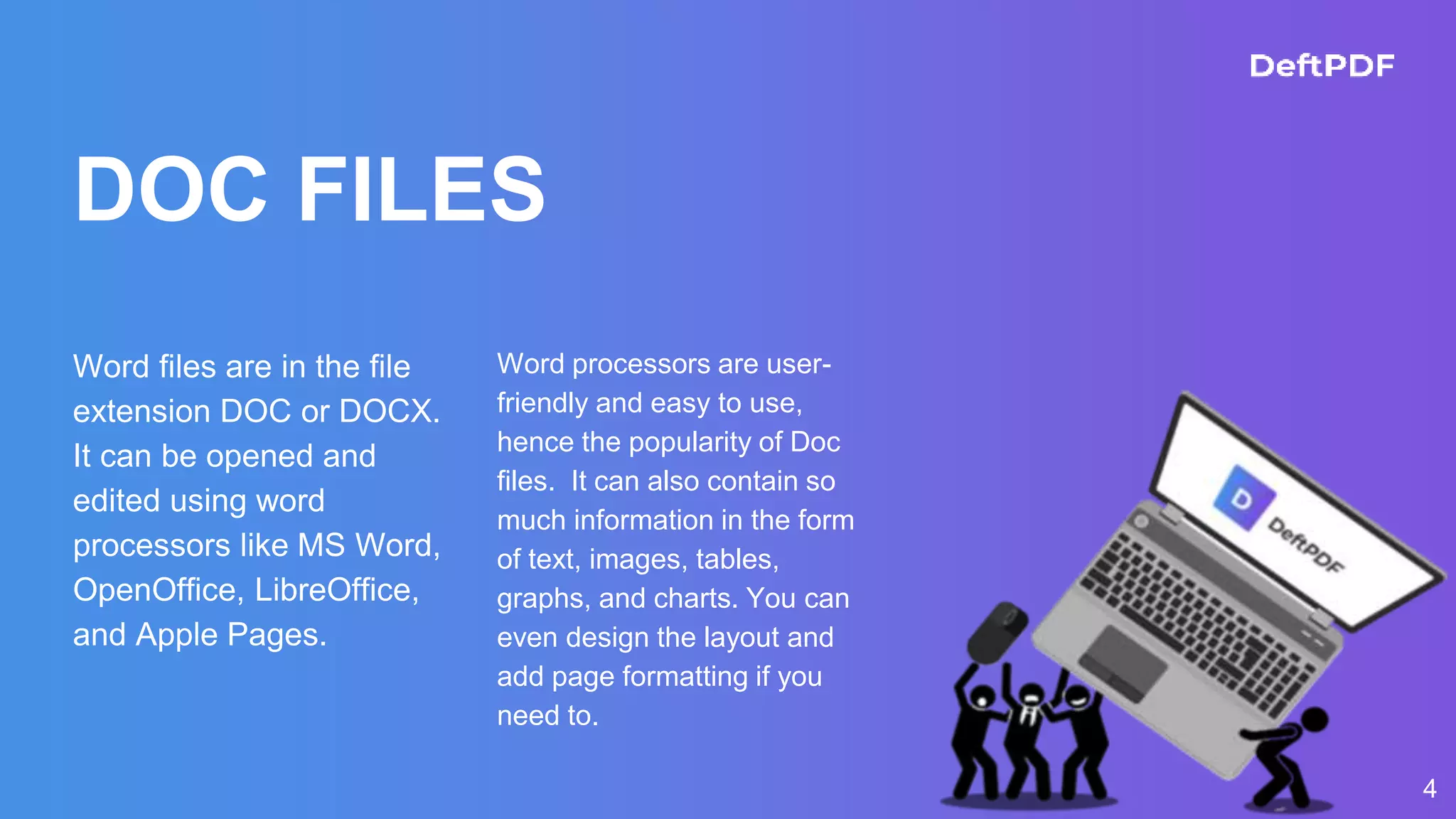 DOC FILES
Word files are in the file
extension DOC or DOCX.
It can be opened and
edited using word
processors like MS Word,
OpenOffice, LibreOffice,
and Apple Pages.
Word processors are user-
friendly and easy to use,
hence the popularity of Doc
files. It can also contain so
much information in the form
of text, images, tables,
graphs, and charts. You can
even design the layout and
add page formatting if you
need to.
4
 