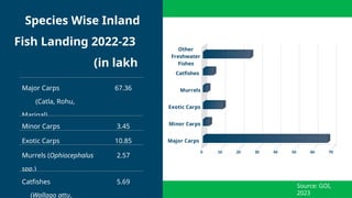 Species Wise Inland
Fish Landing 2022-23
(in lakh
tonnes)
Major Carps
Minor Carps
Exotic Carps
Murrels
Catfishes
Other
Freshwater
Fishes
0 10 20 30 40 50 60 70
Major Carps
(Catla, Rohu,
Marigal)
67.36
Minor Carps 3.45
Exotic Carps 10.85
Murrels (Ophiocephalus
spp.)
2.57
Catfishes
(Wallago attu,
5.69
Source: GOI,
2023
 