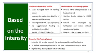 15
Based
on the
Intensity
Extensive Fish Farming System
• Least managed form of farming
system
• Large ponds ranging from 1 to 5 ha in
area are used for farming
• Stocking density > 0.5 pcs/sq m (Fish)
• No supplemental feeding or
fertilization is provided
• Harvest – 500 to 2000 kgs /ha
Semi-intensive Fish Farming System
• Involves rather small ponds (0.5 to 1
hectare in area)
• Stocking density -10000 to 15000
fish/ha
• Natural food developed by
fertilization and withor without
supplemental feeding
• Harvest – 2500 to 10000 kgs (Fish)
Intensive Fish Farming System
• Intensive fish farming system is the well-managed form of fish farming
• To achieve maximum production of fish from a minimum quantity of water
• High stocking density (10-50 fish/m3
of water)
 
