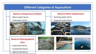 27
Different Categories of Aquaculture
Based on Temperature of Water
• Warm water farms
• Cold water farms
Based on Water Replacement
• Running water farms
• Stagnant water farms
Based on Physiographical
Zone
• Inland fish farms
• Coastal fish farms
• Marine fish farms
 