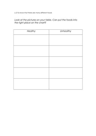 L.O To know that there are many different foods

Look at the pictures on your table. Can put the foods into
the right plac...