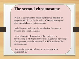 The second chromosome
•Which is determined to be different from a plasmid or
megaplasmid due to the inclusion of housekeeping and
other essential genes in the genome,
•including essential genes for metabolism, heat-shock
proteins, and 16s rRNA genes
• Also relevant in determining if the replicon is a
chromosome is whether it represents a significant percentage
of the genome, and chromosome 2 is 40% by size of the
entire genome.
•And, unlike plasmids, chromosomes are not self-
transmissible.
 
