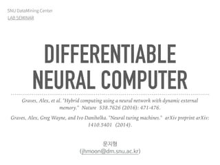 DIFFERENTIABLE
NEURAL COMPUTER
Graves, Alex, et al. "Hybrid computing using a neural network with dynamic external
memory." Nature 538.7626 (2016): 471-476.
Graves, Alex, Greg Wayne, and Ivo Danihelka. "Neural turing machines." arXiv preprint arXiv:
1410.5401 (2014).
문지형 

(jhmoon@dm.snu.ac.kr)
LAB SEMINAR
SNU DataMining Center
 