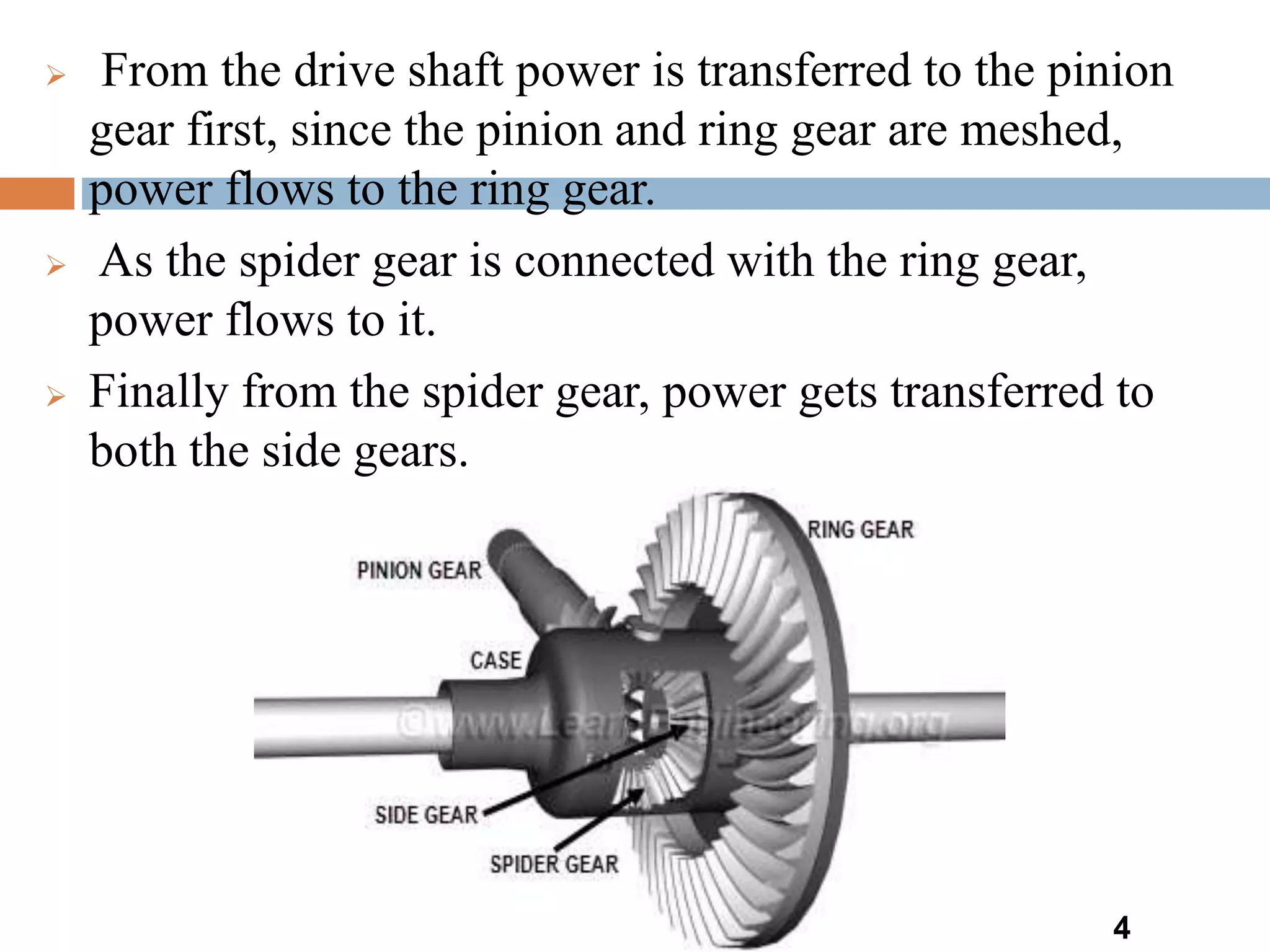 4
 From the drive shaft power is transferred to the pinion
gear first, since the pinion and ring gear are meshed,
power flows to the ring gear.
 As the spider gear is connected with the ring gear,
power flows to it.
 Finally from the spider gear, power gets transferred to
both the side gears.
 