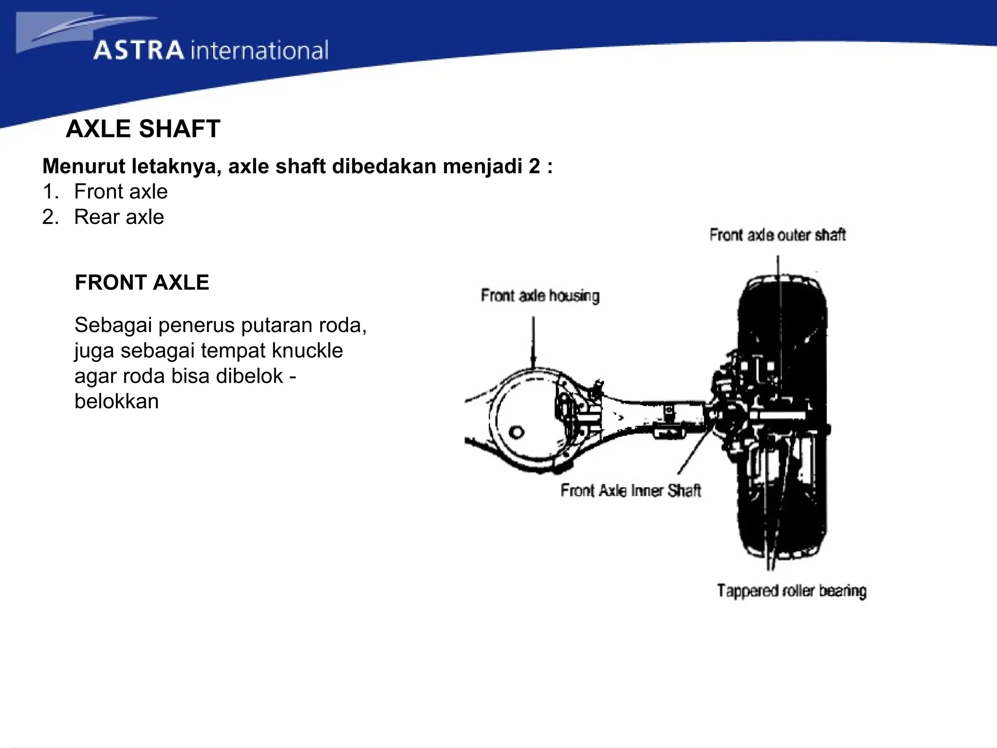 AXLE SHAFT
Menurut letaknya, axle shaft dibedakan menjadi 2 :
1. Front axle
2. Rear axle
FRONT AXLE
Sebagai penerus putaran roda,
juga sebagai tempat knuckle
agar roda bisa dibelok -
belokkan
 