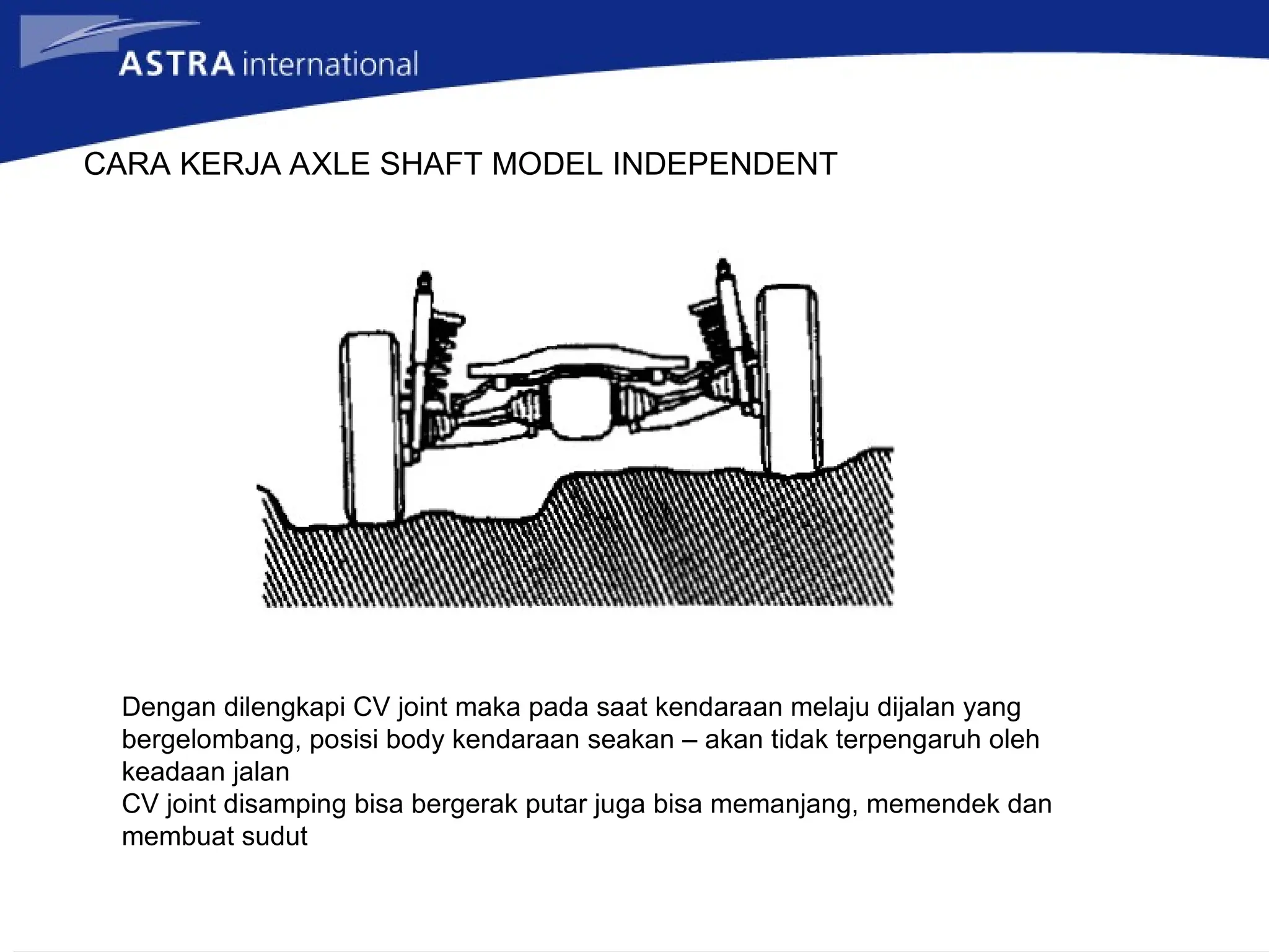 CARA KERJA AXLE SHAFT MODEL INDEPENDENT
Dengan dilengkapi CV joint maka pada saat kendaraan melaju dijalan yang
bergelombang, posisi body kendaraan seakan – akan tidak terpengaruh oleh
keadaan jalan
CV joint disamping bisa bergerak putar juga bisa memanjang, memendek dan
membuat sudut
 