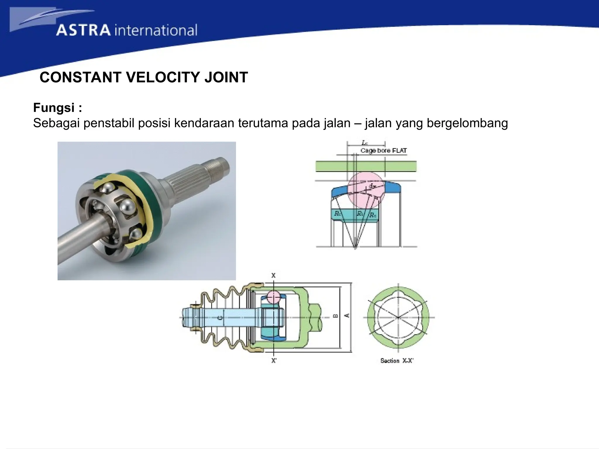 CONSTANT VELOCITY JOINT
Fungsi :
Sebagai penstabil posisi kendaraan terutama pada jalan – jalan yang bergelombang
 