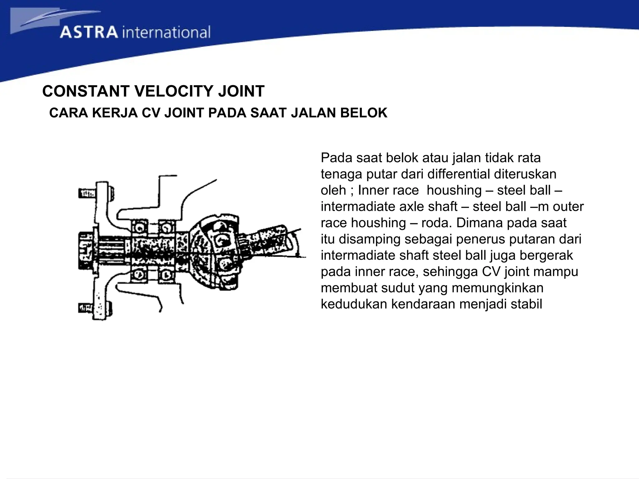 CONSTANT VELOCITY JOINT
CARA KERJA CV JOINT PADA SAAT JALAN BELOK
Pada saat belok atau jalan tidak rata
tenaga putar dari differential diteruskan
oleh ; Inner race houshing – steel ball –
intermadiate axle shaft – steel ball –m outer
race houshing – roda. Dimana pada saat
itu disamping sebagai penerus putaran dari
intermadiate shaft steel ball juga bergerak
pada inner race, sehingga CV joint mampu
membuat sudut yang memungkinkan
kedudukan kendaraan menjadi stabil
 