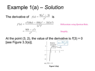 Example 1(a) – Solution
At the point (3, 2), the value of the derivative is f'(3) = 0
[see Figure 3.3(a)].
The derivative of is
Figure 3.3(a)
 