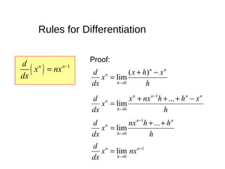 ( ) 1n nd
x nx
dx
−
=
Rules for Differentiation
Proof:
h
xhx
x
dx
d nn
h
n −+
=
→
)(
lim
0
h
xhhnxx
x
dx
d nnnn
h
n −+++
=
−
→
...
lim
1
0
h
hhnx
x
dx
d nn
h
n ++
=
−
→
...
lim
1
0
1
0
lim −
→
= n
h
n
nxx
dx
d
 